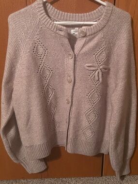 aerie Cream colored Knit Button-Front Cardigan with Bow Detail